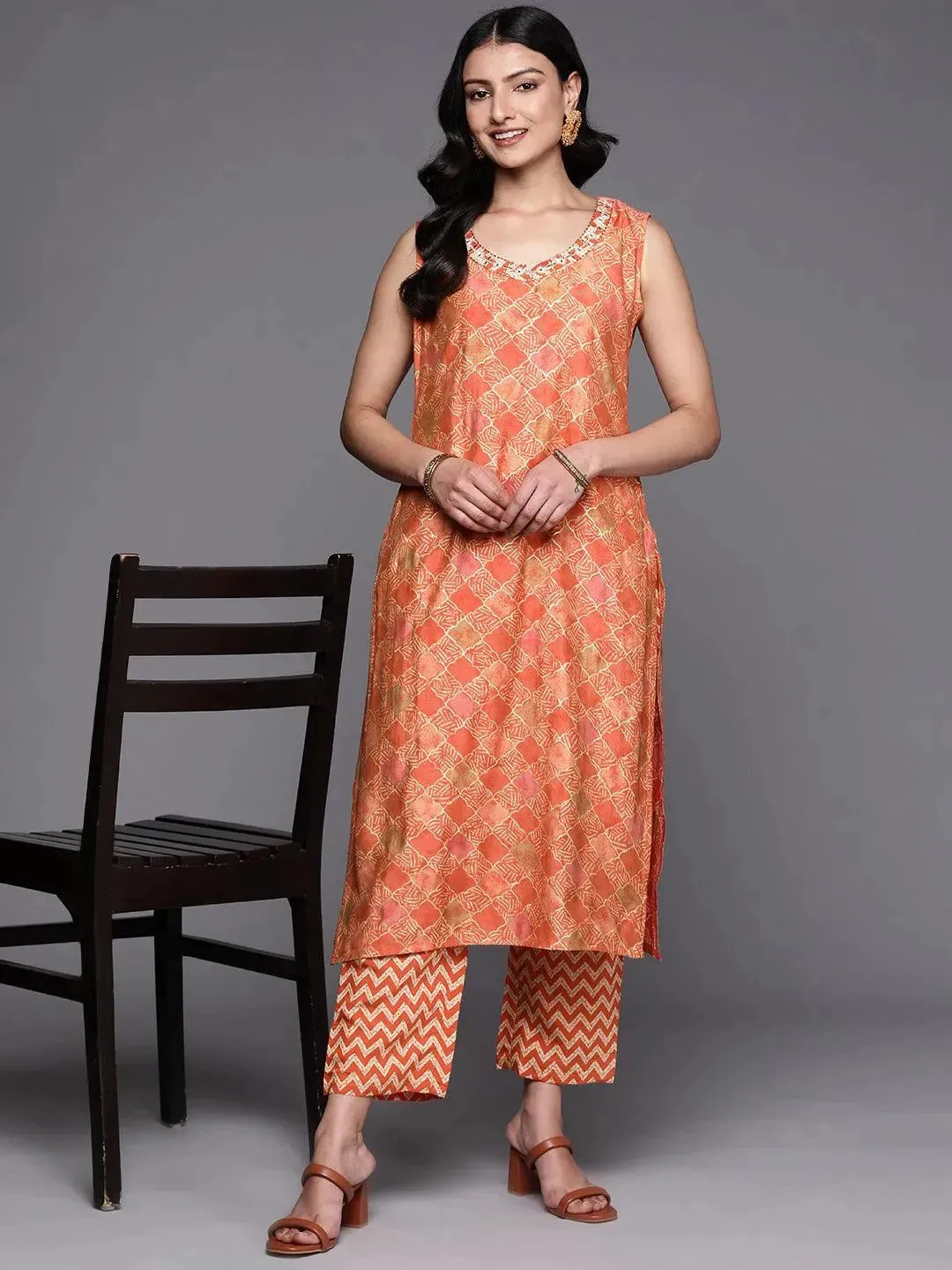 Orange Printed Silk Blend Straight Kurta With Trousers